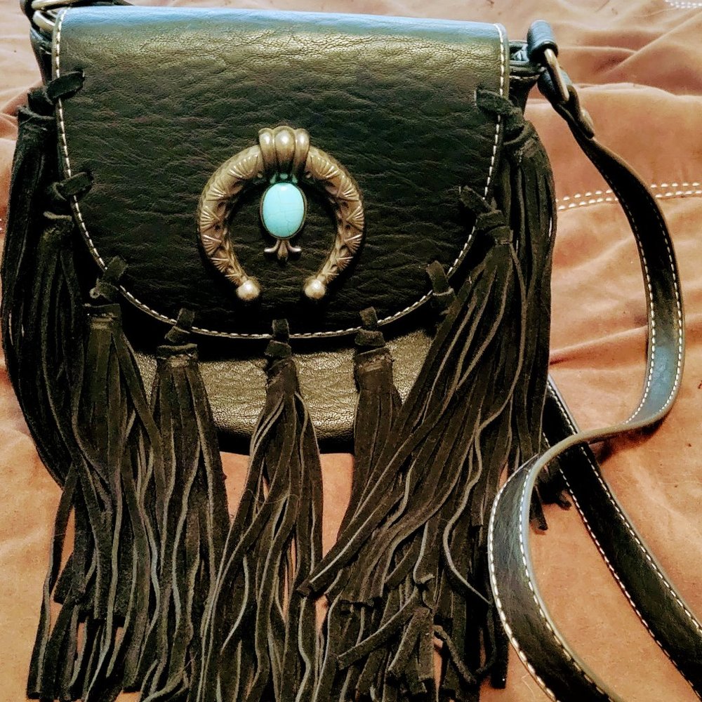 Beautiful black leather ladies fringe  purse